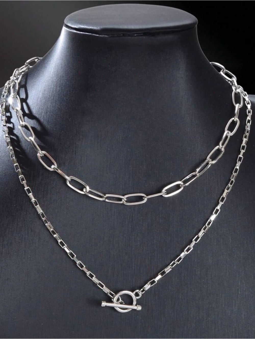 Sterling-Look Double Layer Silver Chain Necklace - Toggle Clasp - Picture 4 of 4
